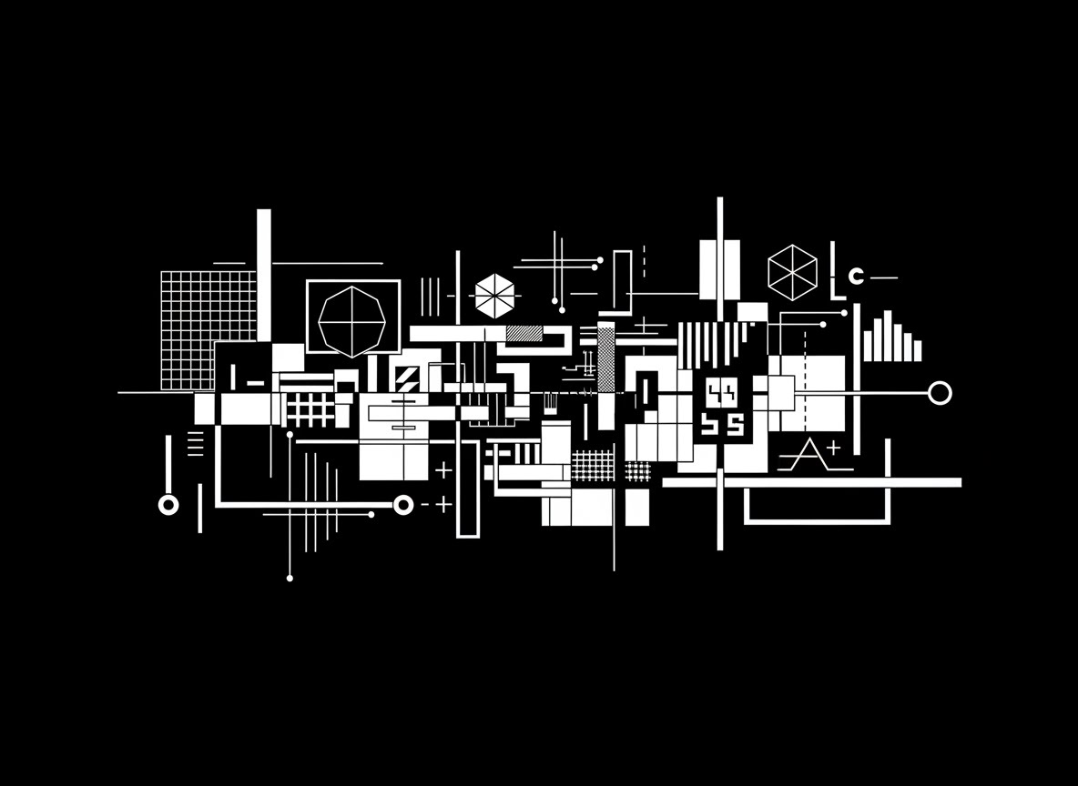 Composition abstraite en noir et blanc, présentant un réseau complexe de formes géométriques, de lignes et de symboles techniques. L'ensemble évoque un schéma de circuit ou une architecture mathématique stylisée.