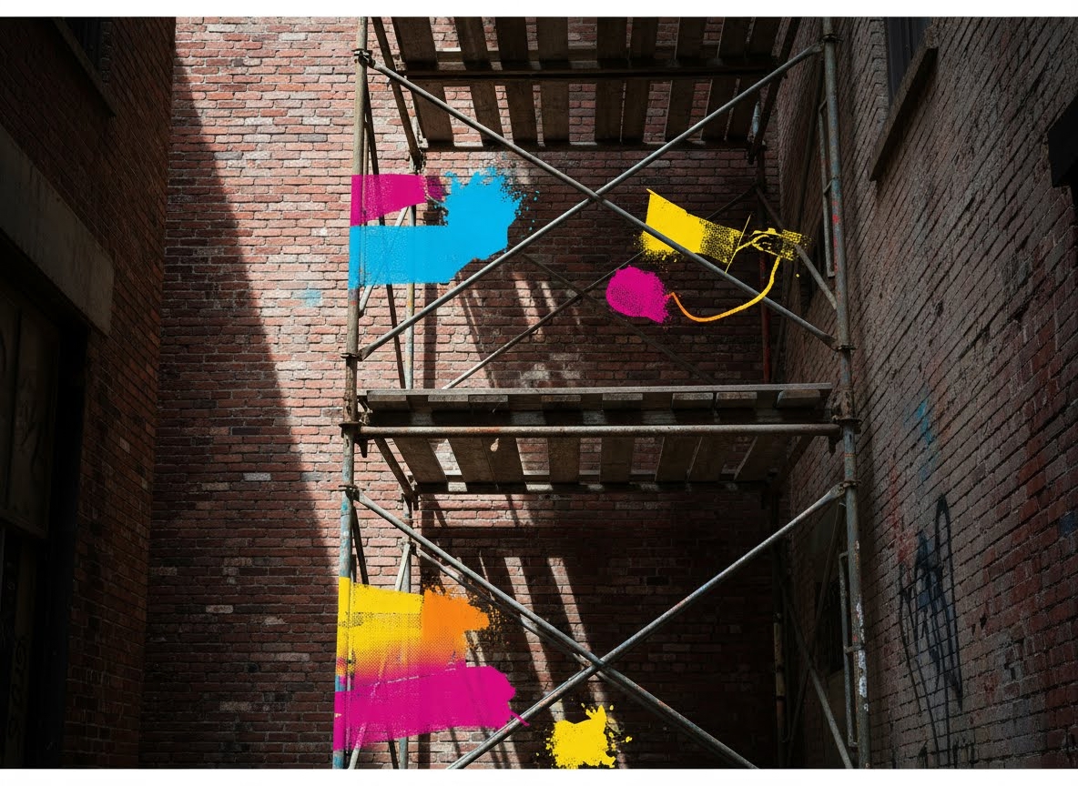 Une ruelle sombre en briques rouges est traversée par un échafaudage métallique. Des éclaboussures de peinture abstraites et colorées (rose, bleu, jaune, orange) ornent la structure et le mur, évoquant du street art.