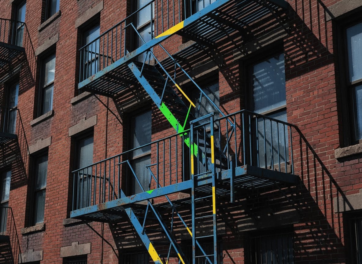 Un escalier de secours bleu avec des accents peints en vert et jaune est fixé sur une façade de bâtiment en briques rouges. La lumière du soleil projette des ombres nettes de l'escalier sur le mur.