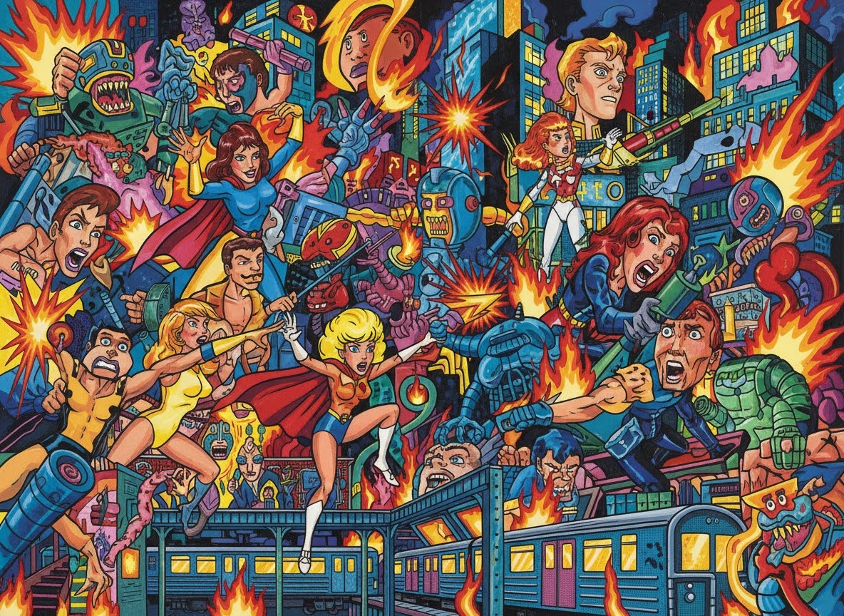 Illustration vibrante et chaotique d'une bataille urbaine intense. De nombreux super-héros, super-héroïnes, robots et créatures s'affrontent au milieu d'explosions et de flammes, avec un train en contrebas.