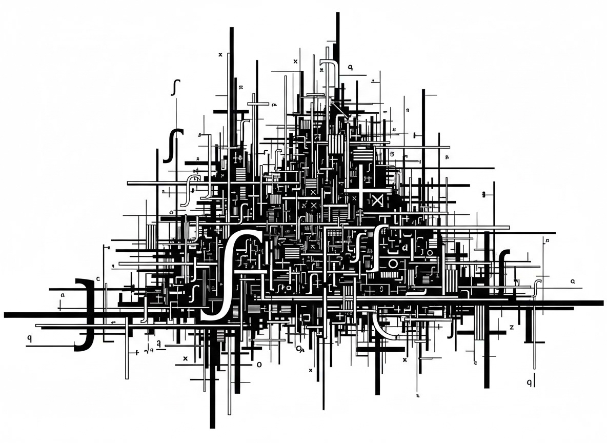 Un diagramme abstrait et complexe, composé de lignes noires, de formes géométriques et de symboles mathématiques sur fond blanc. Il évoque un circuit imprimé ou une architecture urbaine dense et labyrinthique.