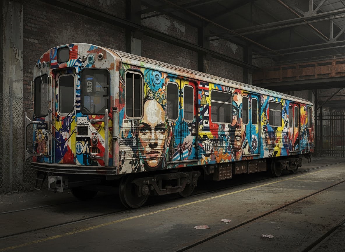 Un wagon de métro abandonné est entièrement recouvert de graffitis colorés et de collages pop art, incluant des visages stylisés. Il est garé dans un hangar industriel sombre.