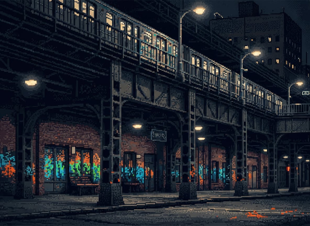 Scène nocturne en pixel art d'un métro aérien passant au-dessus d'une rue. Des bâtiments en briques avec des graffitis colorés sur les fenêtres sont éclairés par des lampadaires.