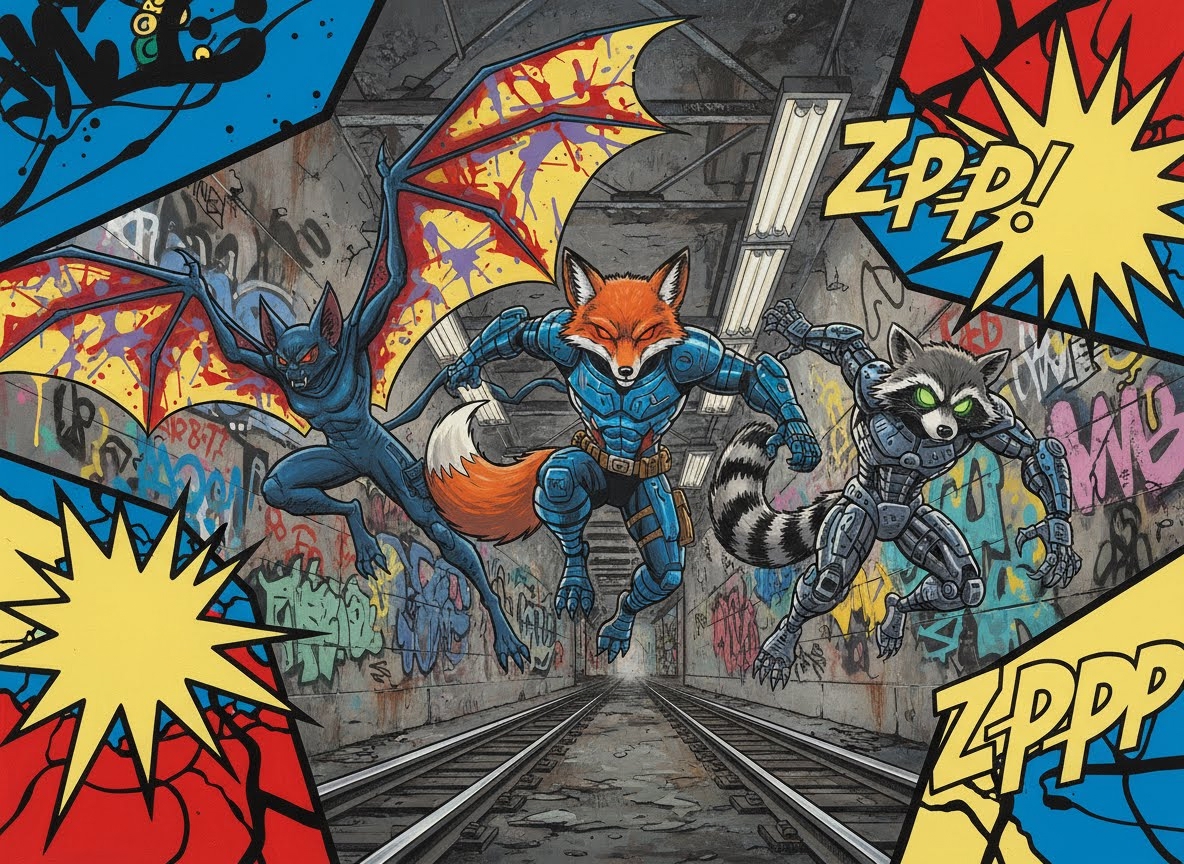 Trois super-héros animaux anthropomorphes, une chauve-souris, un renard et un raton laveur, bondissent au-dessus de rails de métro. Le style bande dessinée est marqué par des bulles de dialogue et des graffitis colorés sur les murs du tunnel.