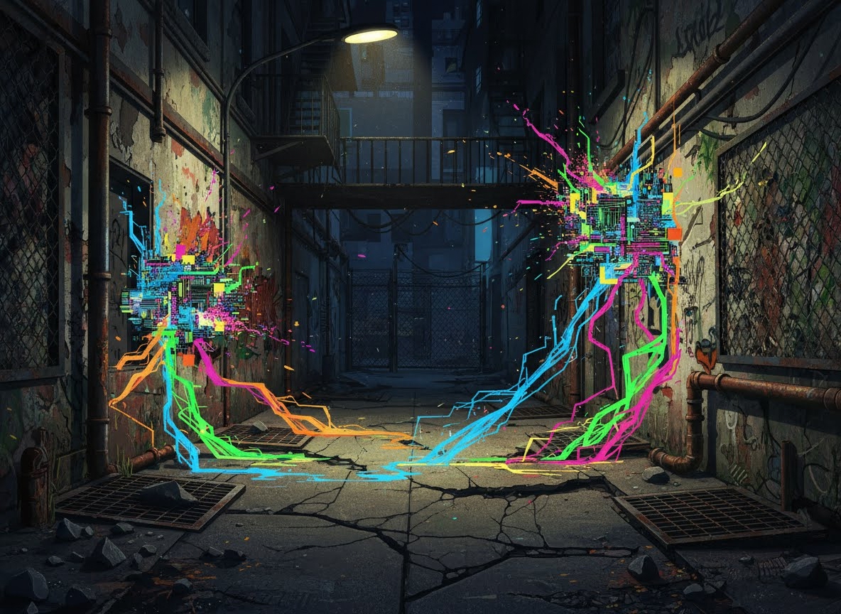 Une ruelle urbaine sombre et délabrée est illuminée par des éclats de lumière colorés et abstraits, évoquant des circuits électroniques ou des flux de données. Ces motifs vibrants jaillissent des murs et s'étendent sur le sol fissuré, créant un contraste…