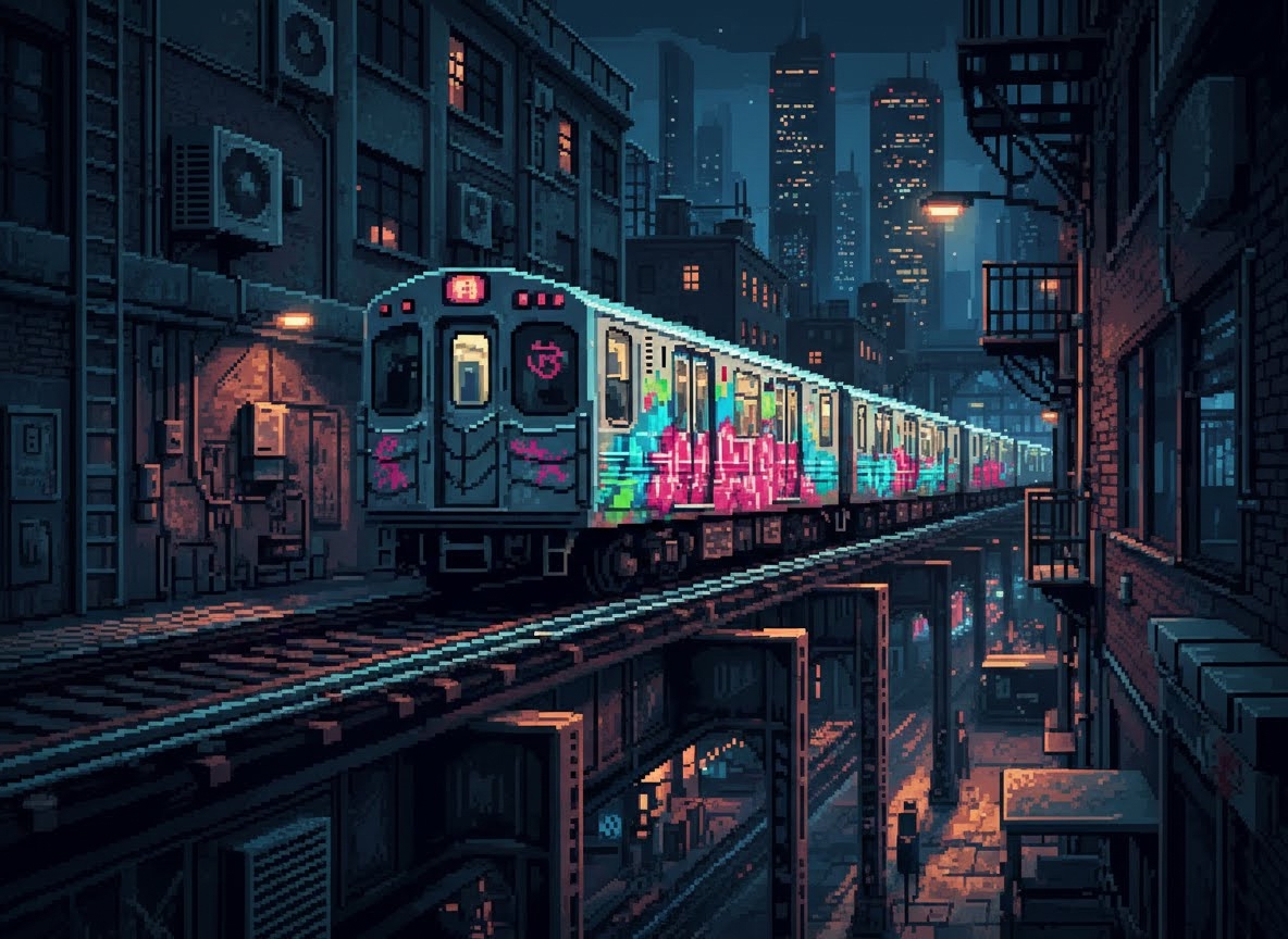 Une scène de pixel art nocturne montrant un métro aérien couvert de graffitis aux couleurs vives, circulant sur des rails surélevés dans une ville sombre. Des gratte-ciel illuminés se profilent à l'horizon, sous un ciel profond.