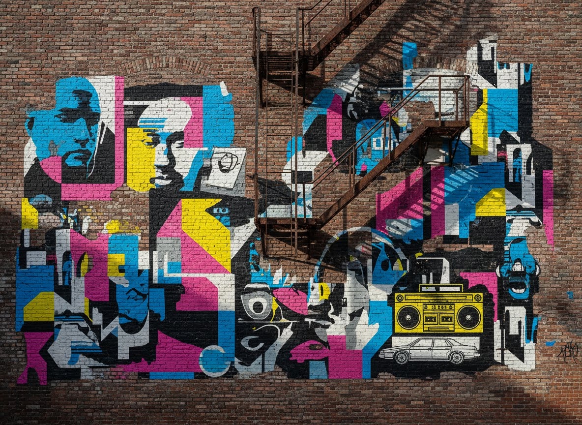 A vibrant pop art mural covers a brick wall, depicting fragmented faces, a boombox, and a car in bold cyan, magenta, yellow, black, and white. A rusty fire escape partially overlays the artwork.