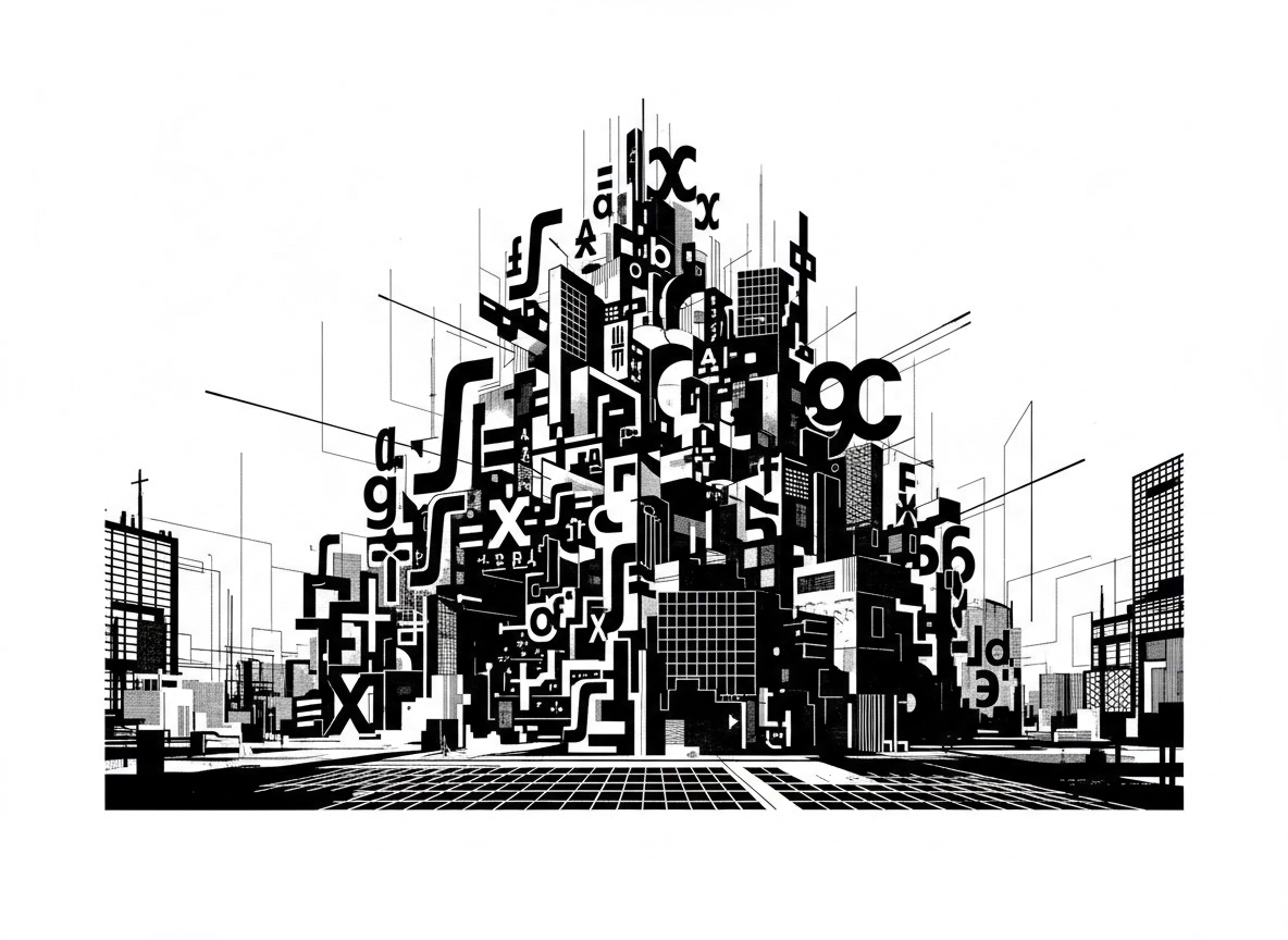 Une illustration abstraite en noir et blanc représentant une ville composée de lettres, de chiffres et de formes géométriques. L'ensemble crée une architecture complexe et stylisée.
