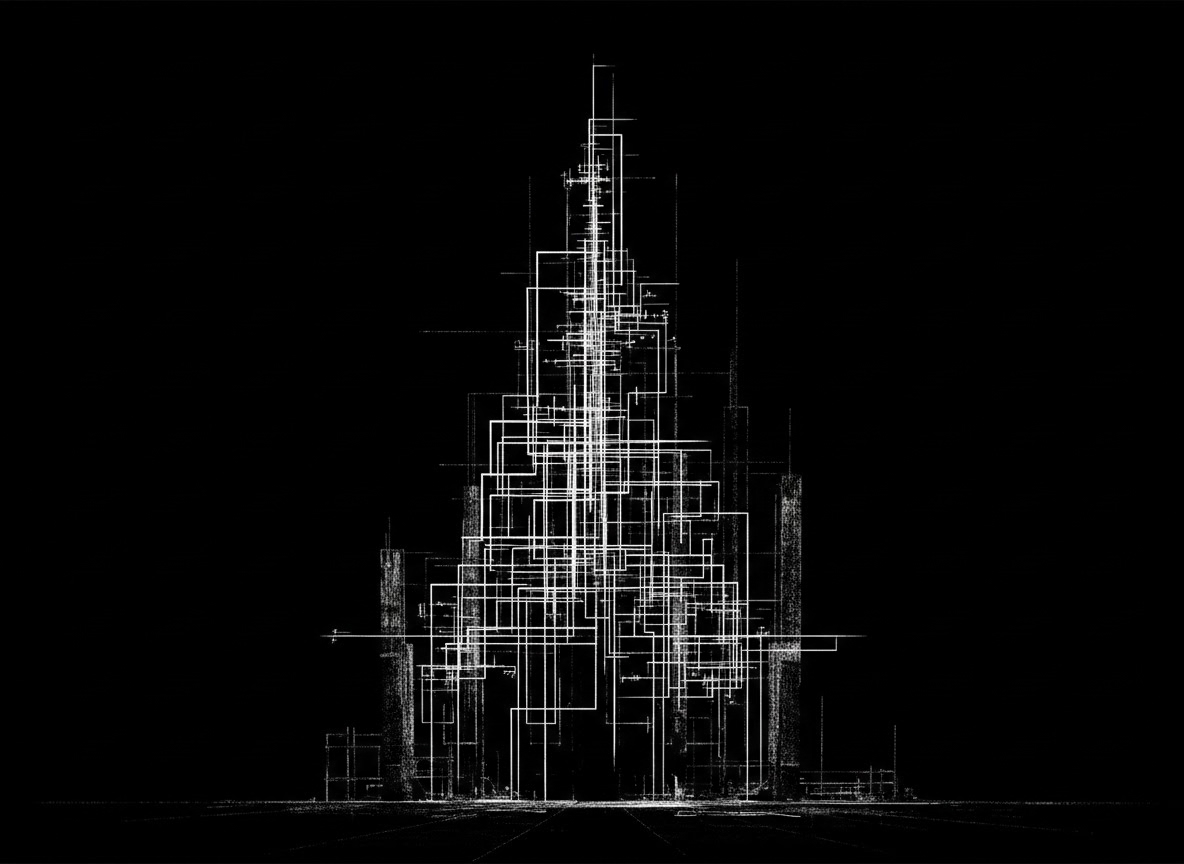Une composition abstraite en noir et blanc, représentant une structure complexe de lignes et de rectangles blancs sur un fond noir. Elle évoque une ville futuriste ou un circuit électronique détaillé, avec une forme centrale ascendante.
