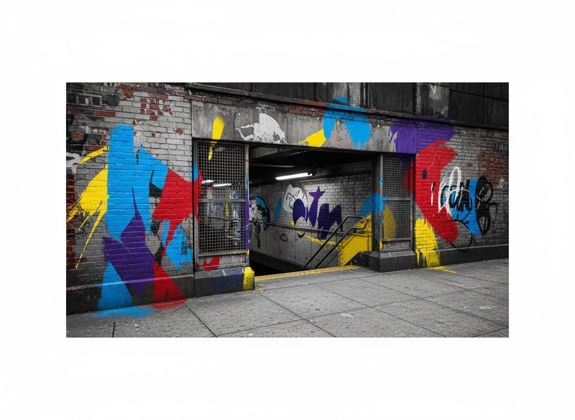Une entrée de station de métro sombre et graffée. Les murs en brique et béton sont recouverts de larges éclaboussures de peinture vive en rouge, bleu, jaune et violet, contrastant avec le gris ambiant.