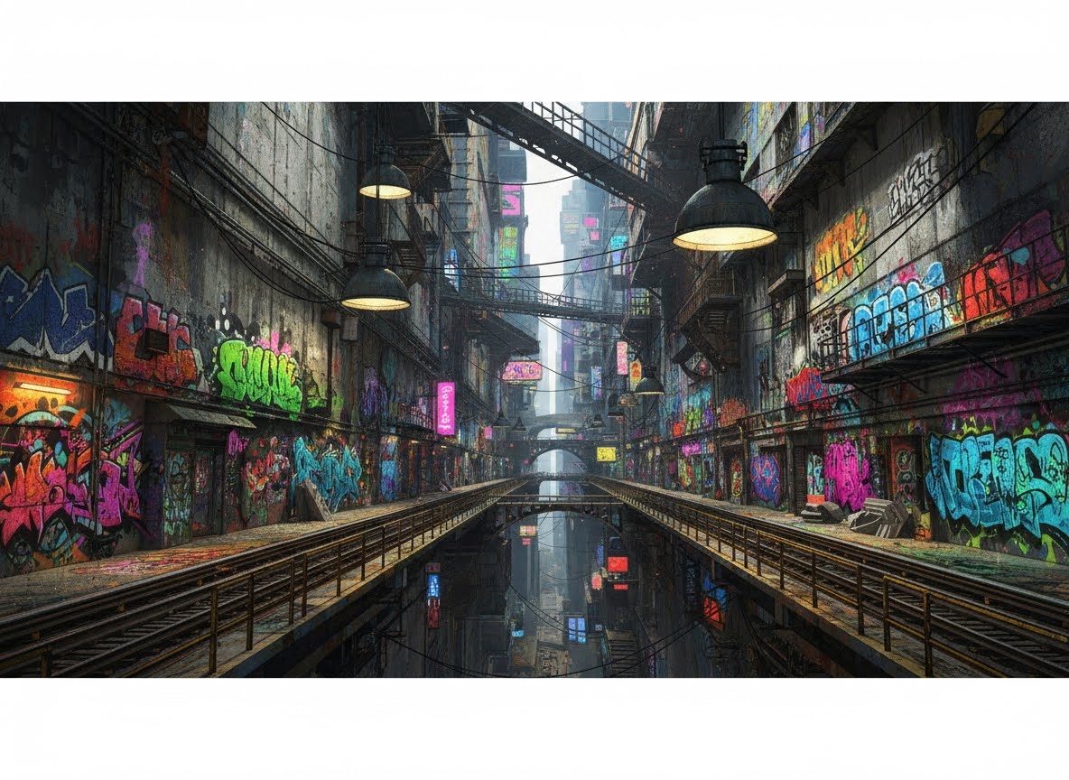 Une perspective plongeante sur une rue urbaine futuriste ou dystopique, bordée de bâtiments massifs recouverts de graffitis colorés. Des voies ferrées surélevées et des ponts aériens s'entrecroisent, reflétant dans un canal central.