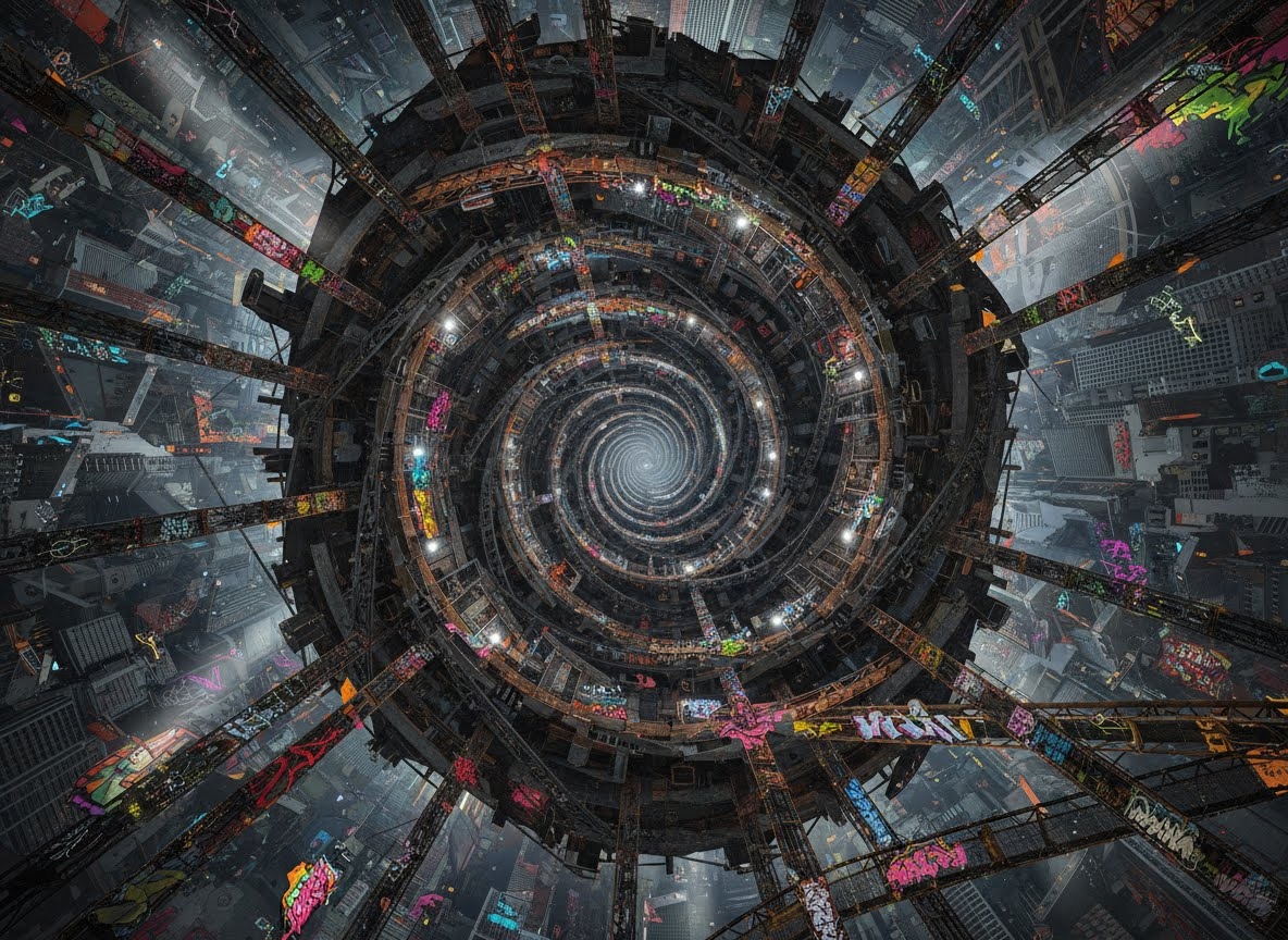 Vue plongeante sur une mégastructure urbaine en spirale, faite d'acier et de béton, s'enfonçant dans une ville futuriste. Des passerelles industrielles et des graffitis colorés ornent les parois de cette architecture complexe et vertigineuse.