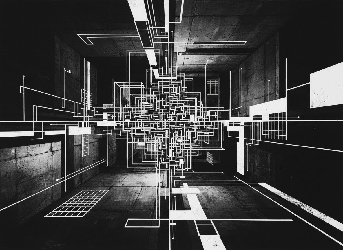 Un réseau complexe de lignes blanches et de formes géométriques abstraites s'étend dans un espace sombre et texturé, évoquant un circuit ou une architecture futuriste.