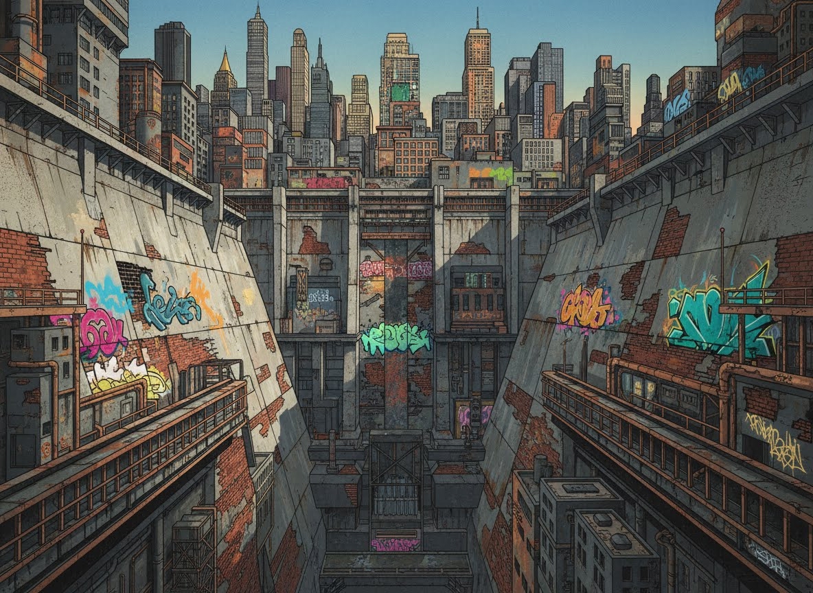 L'image montre un profond et étroit canyon urbain aux murs de béton massifs couverts de graffitis colorés. Des gratte-ciel imposants et denses s'élèvent en arrière-plan sous un ciel clair, créant un paysage urbain dystopique.