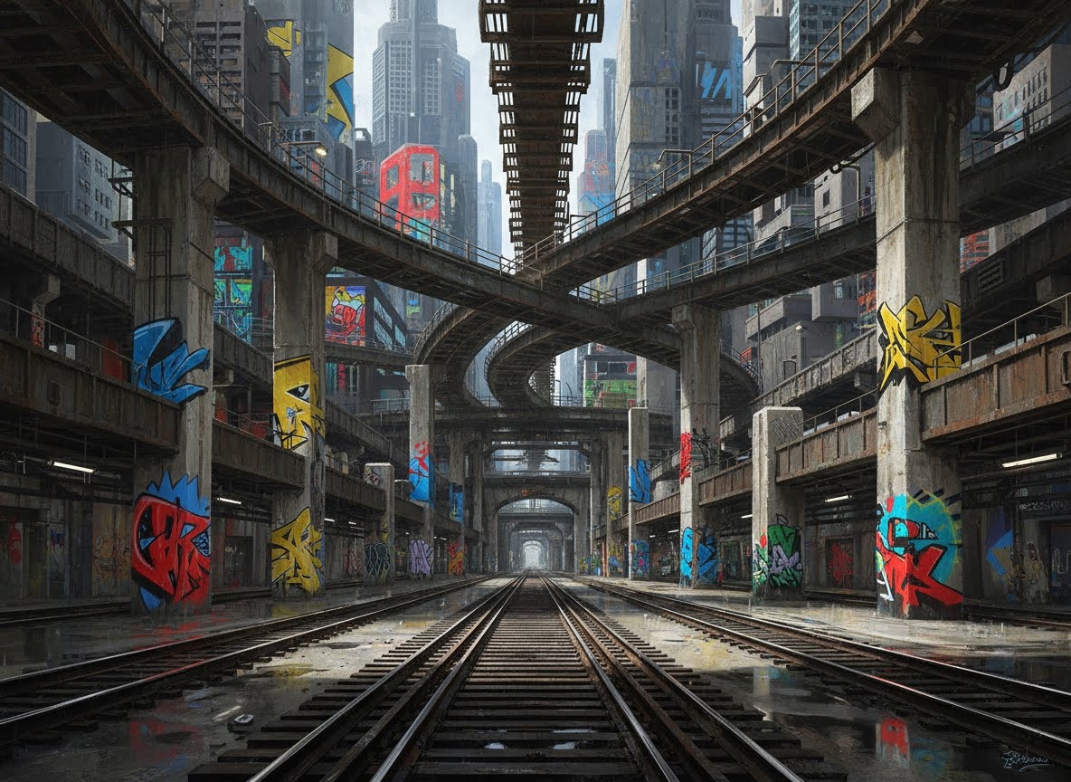 Un paysage urbain futuriste ou dystopique avec de multiples voies ferrées aériennes et souterraines s'entrecroisant au-dessus de quais. Des piliers de béton massifs sont couverts de graffitis colorés, créant une atmosphère industrielle et chaotique.