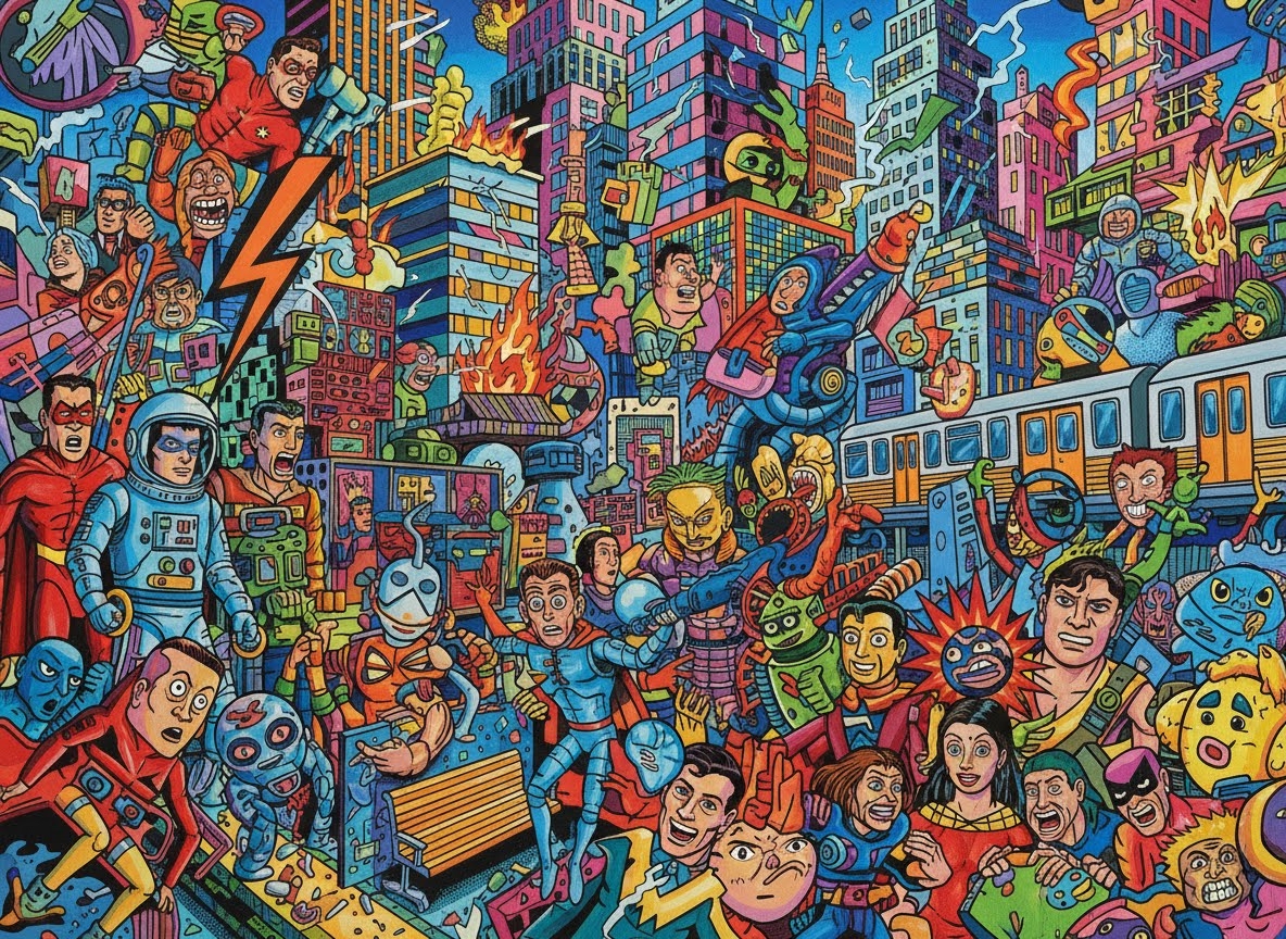 Une illustration vibrante et surchargée d'une ville en pleine action, où des super-héros stylisés, des robots et des créatures fantastiques se battent au milieu de gratte-ciel colorés et d'un train. Des flammes et un éclair ajoutent au chaos.