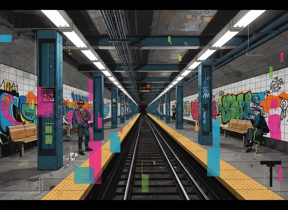 Illustration d'un quai de métro new-yorkais avec des murs couverts de graffitis colorés. Des passagers attendent sur les bancs, tandis que des formes géométriques vives en rose, bleu et vert se superposent à la scène urbaine.