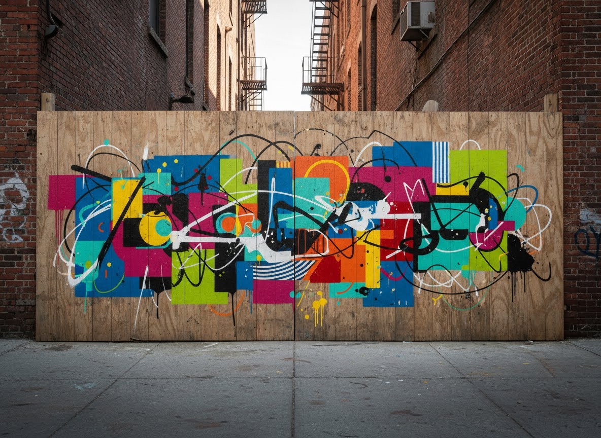 Une palissade en bois recouverte d'une œuvre de street art abstraite et colorée, avec des formes géométriques vives, des taches de peinture et des lignes dynamiques. La scène se déroule dans une ruelle urbaine bordée de bâtiments en briques.