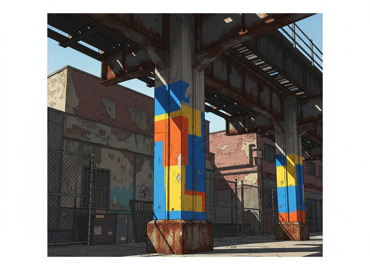 Un pilier de béton sous une voie de métro aérien est recouvert de motifs géométriques abstraits aux couleurs vives : bleu, orange et jaune. L'environnement urbain délabré avec des murs de briques et des clôtures grillagées contraste avec l'art coloré.