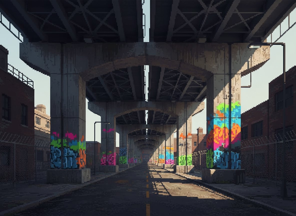 Une route s'étend sous un long pont industriel en pixel art, dont les piliers massifs en béton sont recouverts de graffitis colorés et pixelisés. La lumière du soleil crée des ombres marquées sur la chaussée.