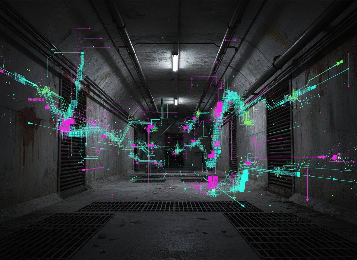 Un tunnel souterrain sombre et industriel est rempli de visualisations de données numériques lumineuses en magenta, cyan et vert. Des motifs de circuits flottent dans l'espace, transformant le passage en une scène de data art futuriste.