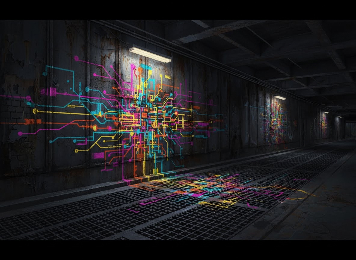 Un couloir industriel sombre avec des murs en béton et un sol en grille métallique est illuminé par des motifs abstraits de circuits imprimés aux couleurs vives. Ces lignes lumineuses, projetées ou peintes, créent un réseau de données visuel sur les surfaces.