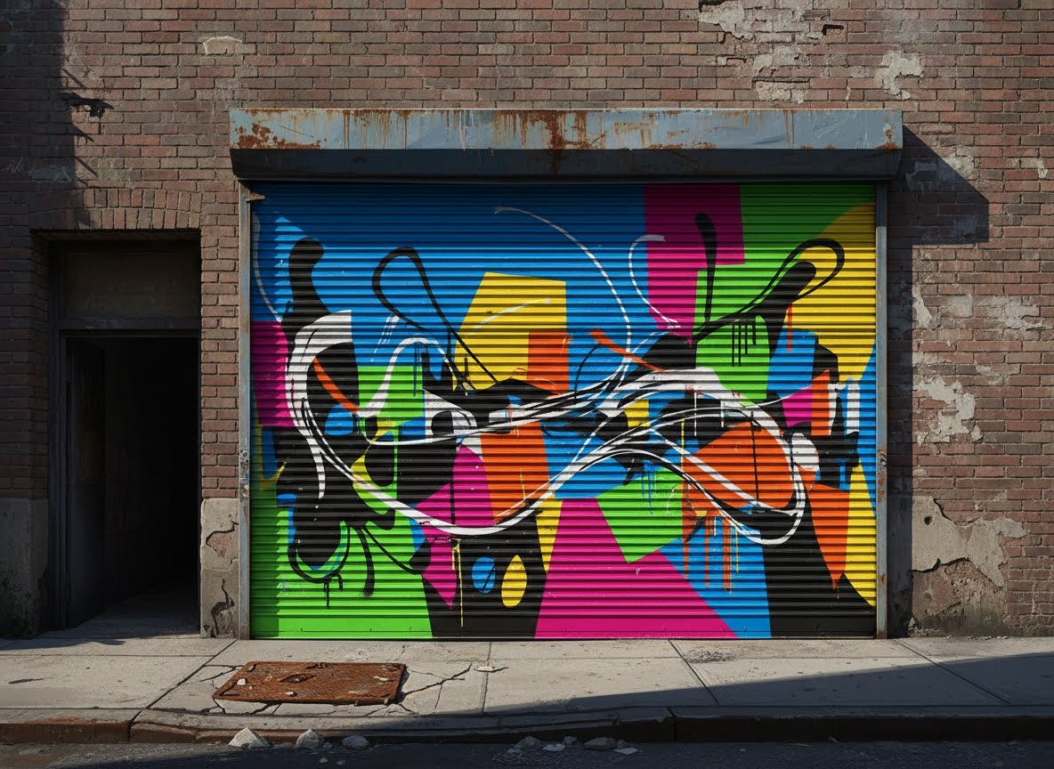 Un rideau métallique de garage est recouvert d'une fresque de street art aux couleurs vives et formes géométriques abstraites. Le rideau est encadré par un mur de briques rouges et un trottoir urbain.