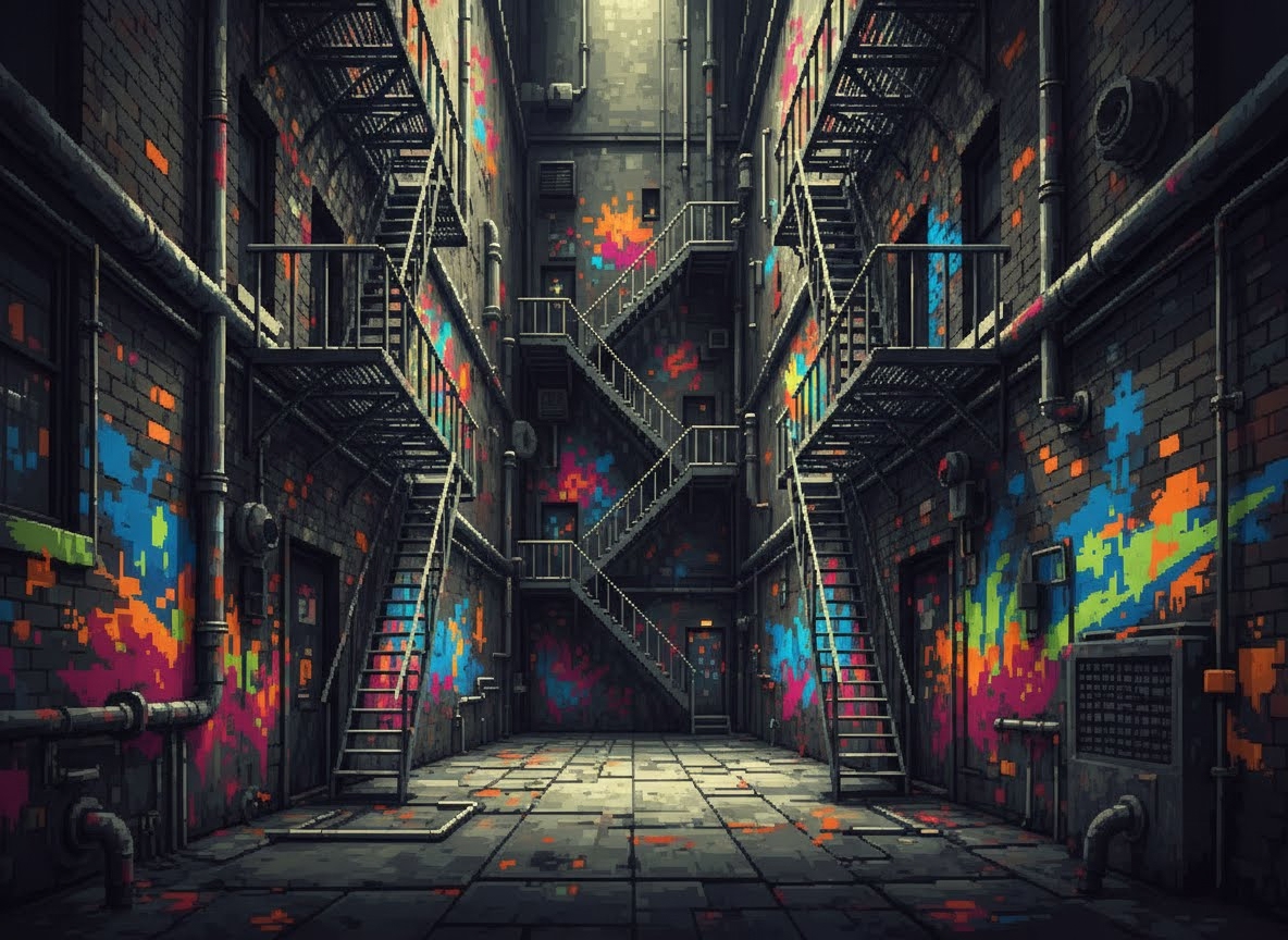 Une ruelle urbaine sombre et étroite, entièrement réalisée en pixel art. Les murs de briques sont ornés de graffitis pixelisés colorés, tandis que des escaliers de secours métalliques et des tuyaux parcourent les façades.