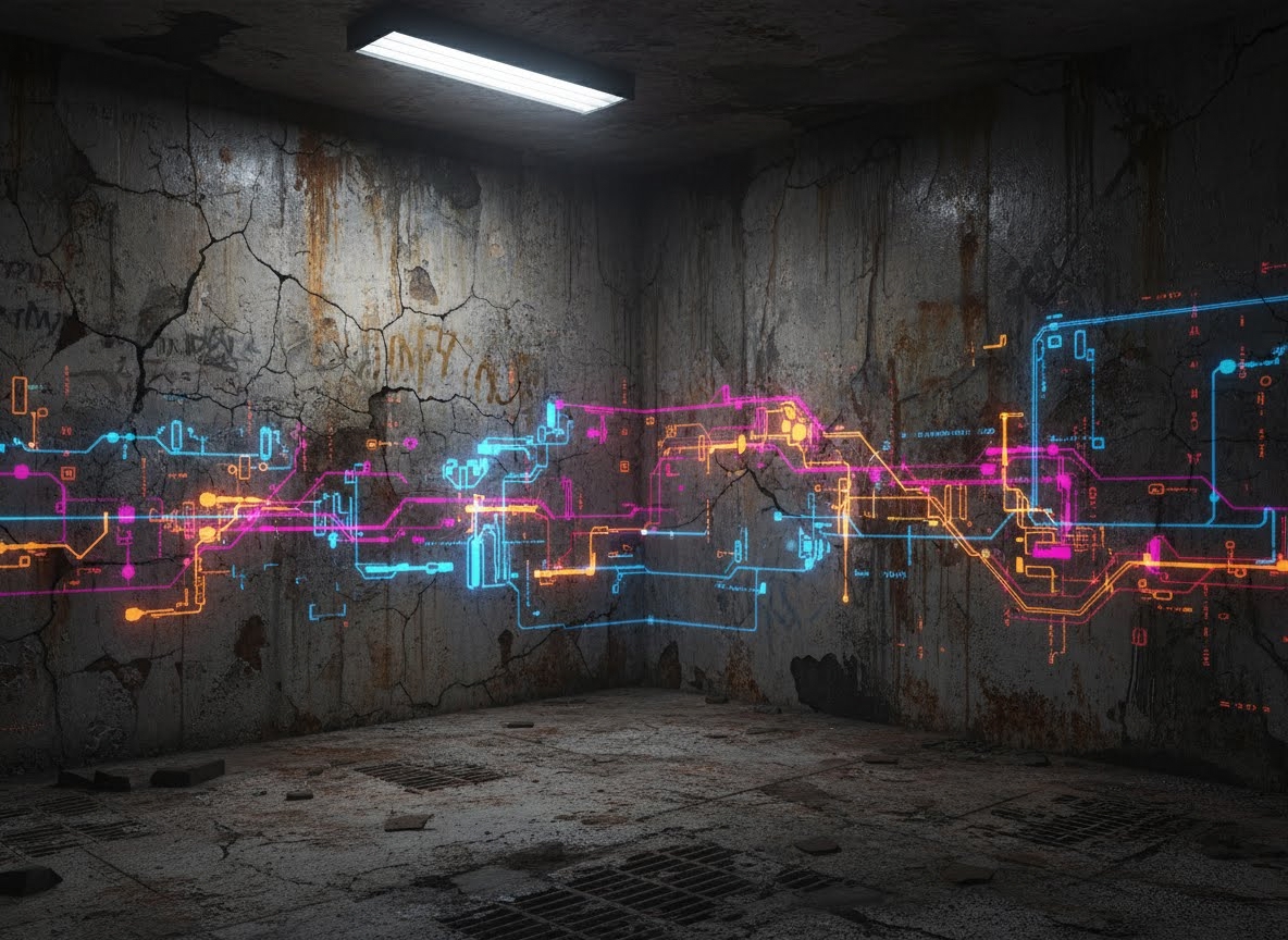 Une pièce sombre et délabrée en béton, avec des murs fissurés et rouillés. Des motifs lumineux et colorés, ressemblant à des circuits électroniques, s'étendent sur les murs, contrastant avec l'ambiance urbaine et industrielle. Un néon éclaire le plafond.